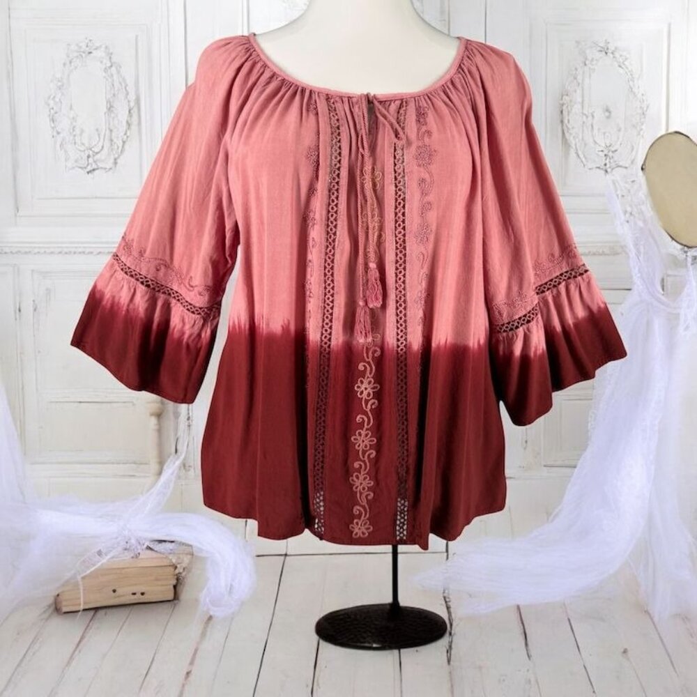Studio West Womens 2X Blouse Ombre Boho Tunic Embroidered Bell Tie Dye